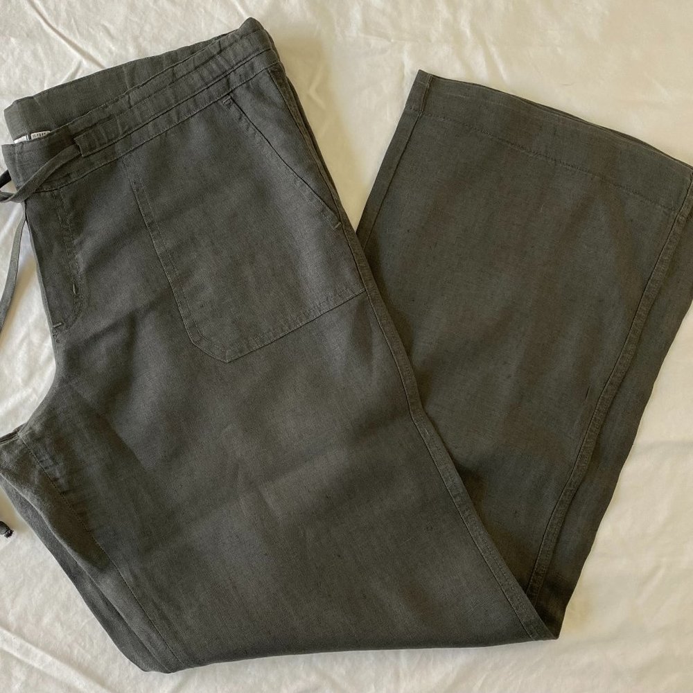 Allen Allen Wide Leg Olive Linen Pants with Drawstring Waist in Size M